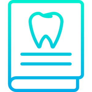 Blue icon depicting a book with a tooth on the cover, symbolizing dentistry, oral health, and dental knowledge.