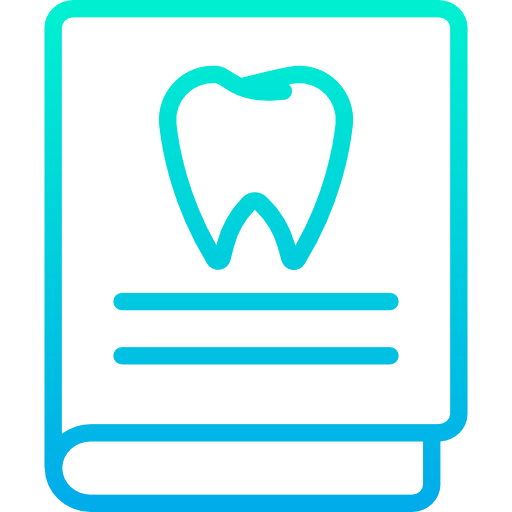 Blue icon depicting a book with a tooth on the cover, symbolizing dentistry, oral health, and dental knowledge.